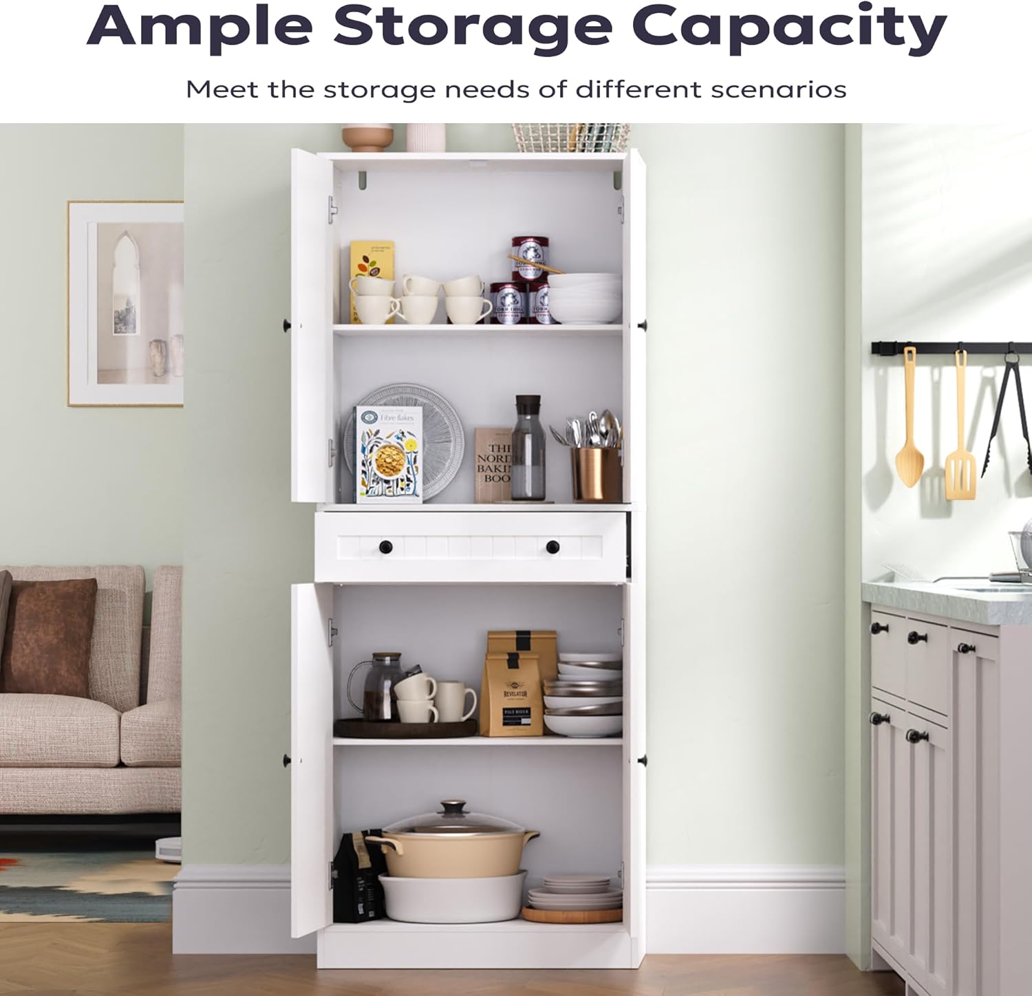 Furnify Kitchen Pantry Storage Cabinet, 71" H Farmhouse Pantry Cabinet with 4 Doors & Drawer, Freestanding Cupboard with Adjustable Shelves, Rustic Wood Cupboard for Kitchen, Dining Room, White