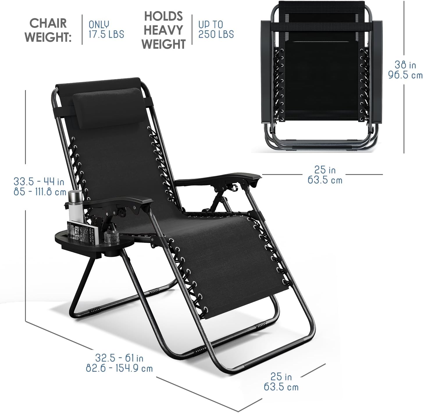 Nestl Zero Gravity Chairs Set of 4, Patio Lounge Chair Outdoor with Pillows & Cup Holder Trays, Adjustable Steel Mesh Reclining Camping Chair, Folding Patio Lawn Chair for Deck, Beach, Yard - Black