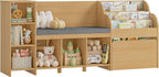 HOSTACK 67" W Kids Reading Nook with Toy Storage Organizer, Large Kids Bookshelf with Toy Storage Box on Wheels, Big Kid Bookcase with Bench and 6 Open Cubbies for Playroom, Kid Room, Natural Oak