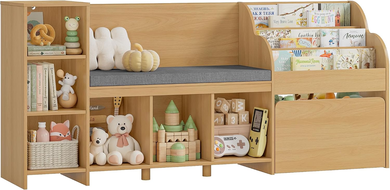HOSTACK 67" W Kids Reading Nook with Toy Storage Organizer, Large Kids Bookshelf with Toy Storage Box on Wheels, Big Kid Bookcase with Bench and 6 Open Cubbies for Playroom, Kid Room, Natural Oak