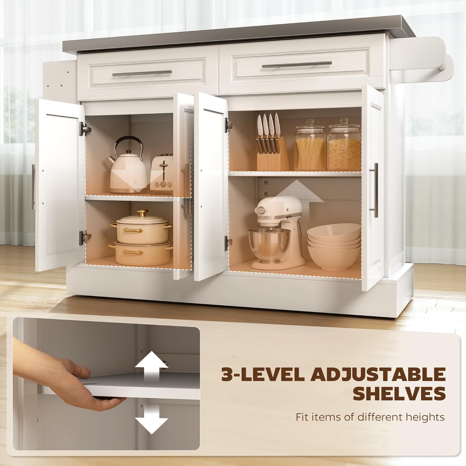 HOMCOM Rolling Kitchen Island Cart with 47" Stainless Steel Top, Portable Island Table for Kitchen with Wheels, Adjustable Shelves, 2 Drawers, Spice, Knife and Towel Rack, White