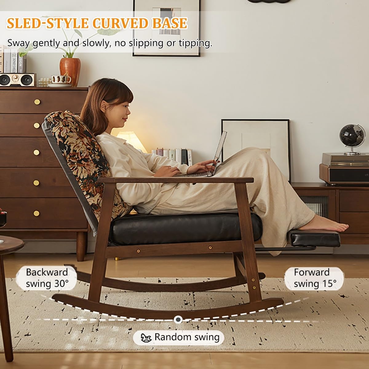 Oversized Rocking Chair with Cushion, Nursery Rocking Chair with Adjustable Footrest for Living Room, Upholstered Recliner Chair High Back with Armrests, Three-Position Adjustable Backrest for Bedroom