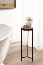 Kate and Laurel Aguilar Modern Drink Table, 9 x 9 x 23, Amber Glass and Black, Unique Round Glass Mini Table for Use as Bathroom Accent Table or Pedestal Martini Table