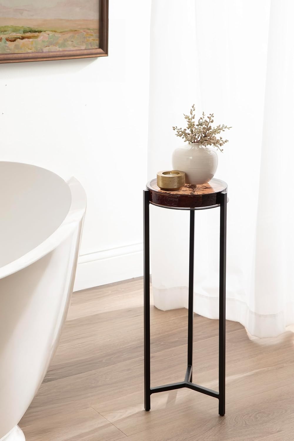 Kate and Laurel Aguilar Modern Drink Table, 9 x 9 x 23, Amber Glass and Black, Unique Round Glass Mini Table for Use as Bathroom Accent Table or Pedestal Martini Table