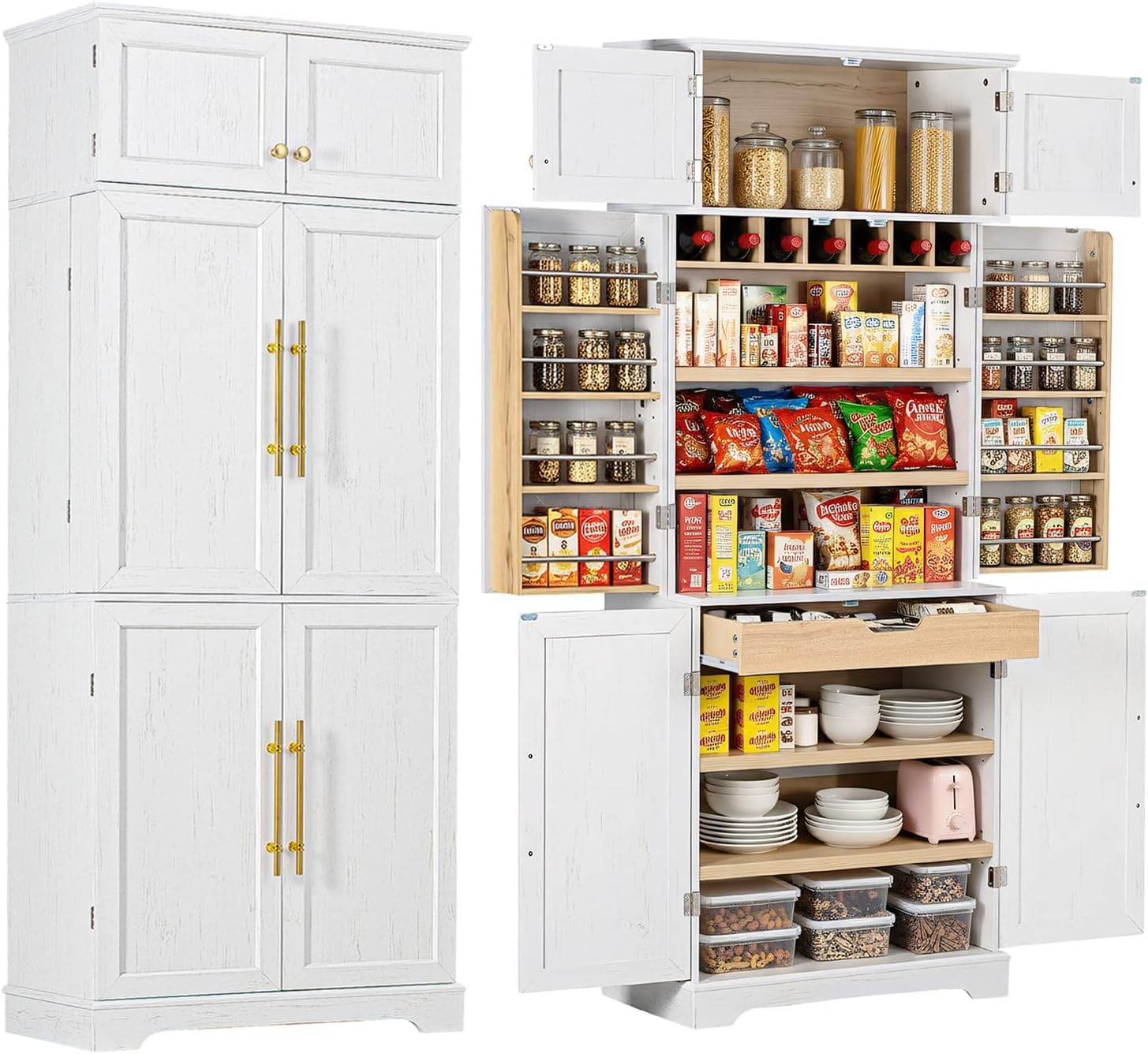 78.2" Tall Farmhouse Kitchen Pantry Cabinet with 8 Door Shelves,Storage Cupboard with 4 Adjustable Shelves,Hidden Drawer,Wine Rack,for Dining & Bathroom (White-G)
