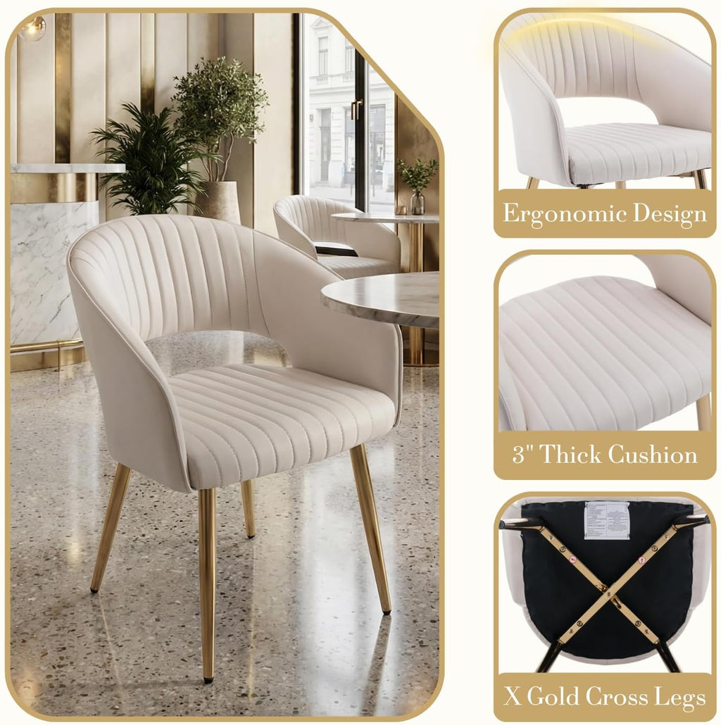 Modern Dining Chairs Set of 6, Upholstered PU Leather Dining Room Chairs with Gold Metal Legs, Accent Kitchen Chairs with Curved Backrest for Living Room, Cream