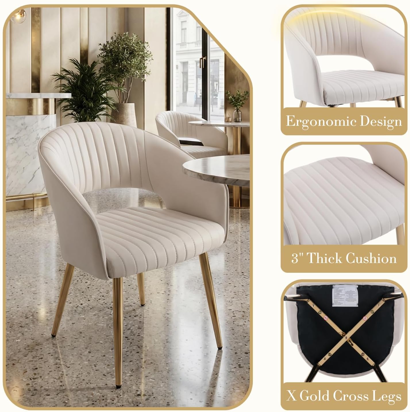 Modern Dining Chairs Set of 6, Upholstered PU Leather Dining Room Chairs with Gold Metal Legs, Accent Kitchen Chairs with Curved Backrest for Living Room, Cream