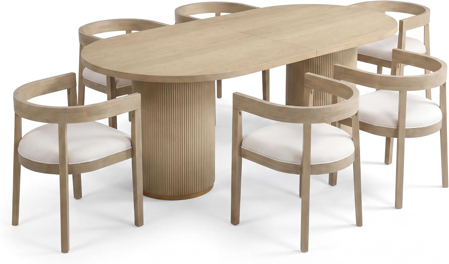 Christopher Knight Home 7 Piece Dining Table Set for 6, 88" Oval Cylinder Kitchen Table & Chairs, MDF Wood Dining Room Table Set with 6 Upholstered Chairs, Farmhouse Breakfast Table Set, Light Ash