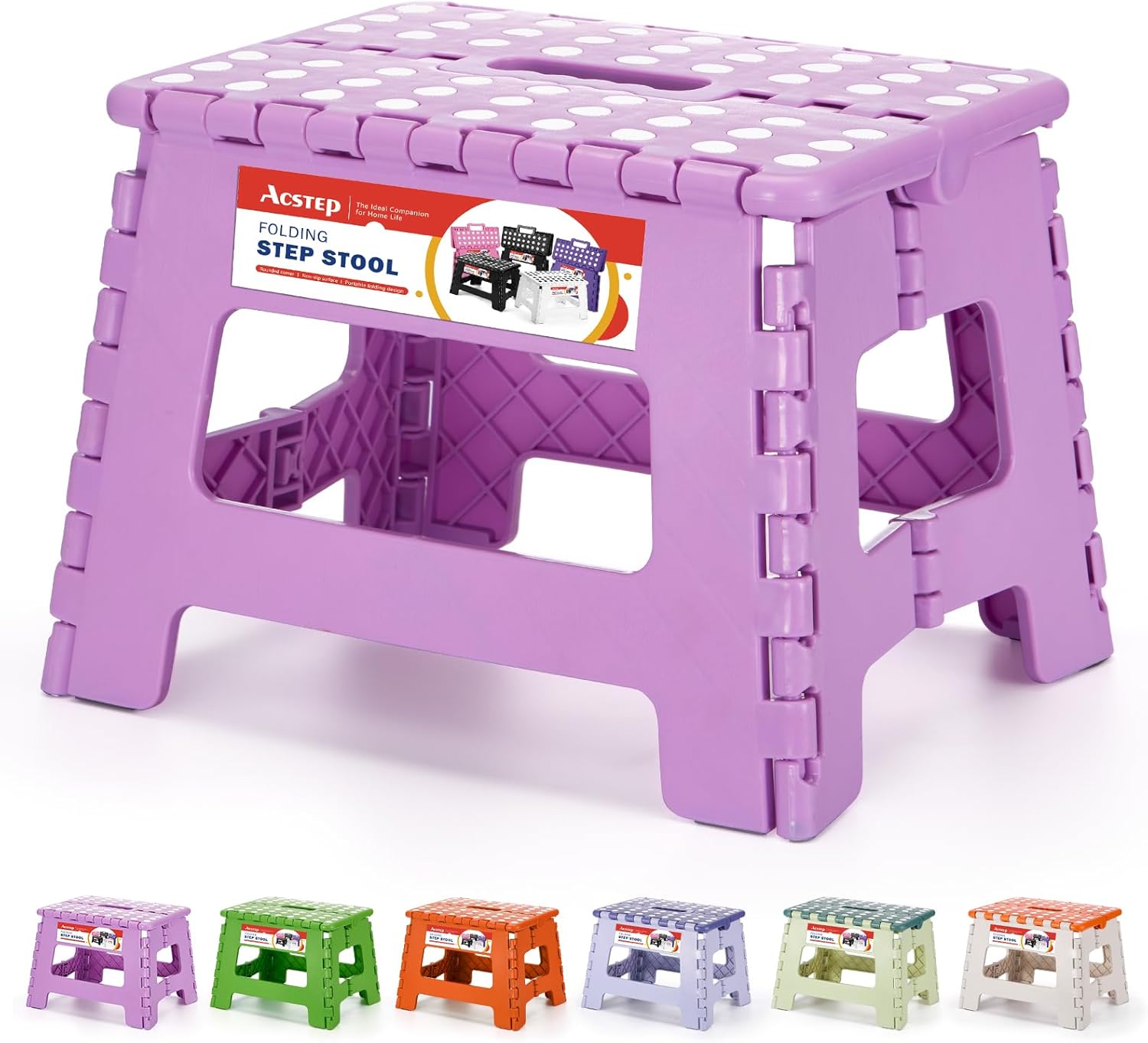 ACSTEP 9 Inch Foldable Step Stool for Kids, 300 lb, Light Purple | Lightweight Plastic Small Foldable Step Stool with Handle, Non-Slip, for Kitchen, Bathroom, Bedroom and Closet