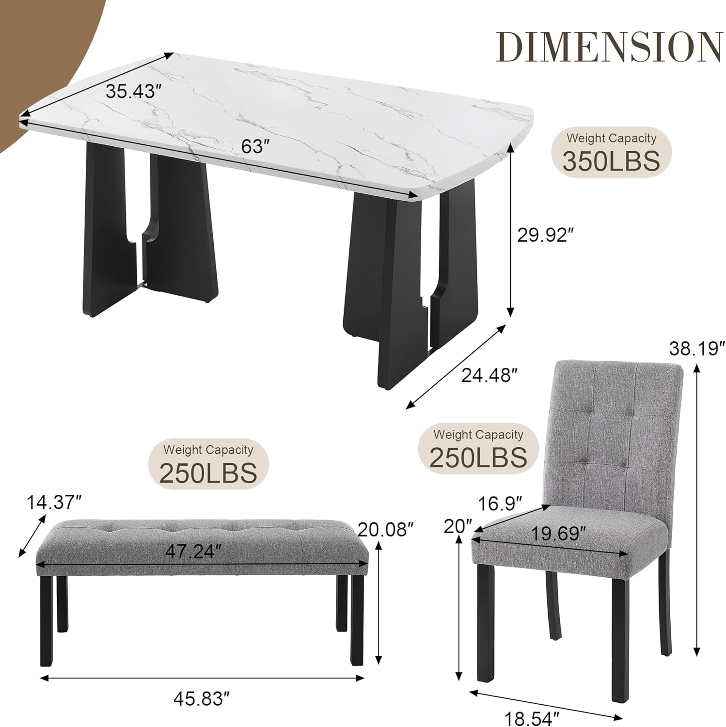 P PURLOVE Modern 6 Piece Dining Table Set, 63" Wood Faux Marble Dining Table with Geometric Legs, 4 Upholstered Chairs, 1 Bench for Dining Kitchen Room (White and Gray)