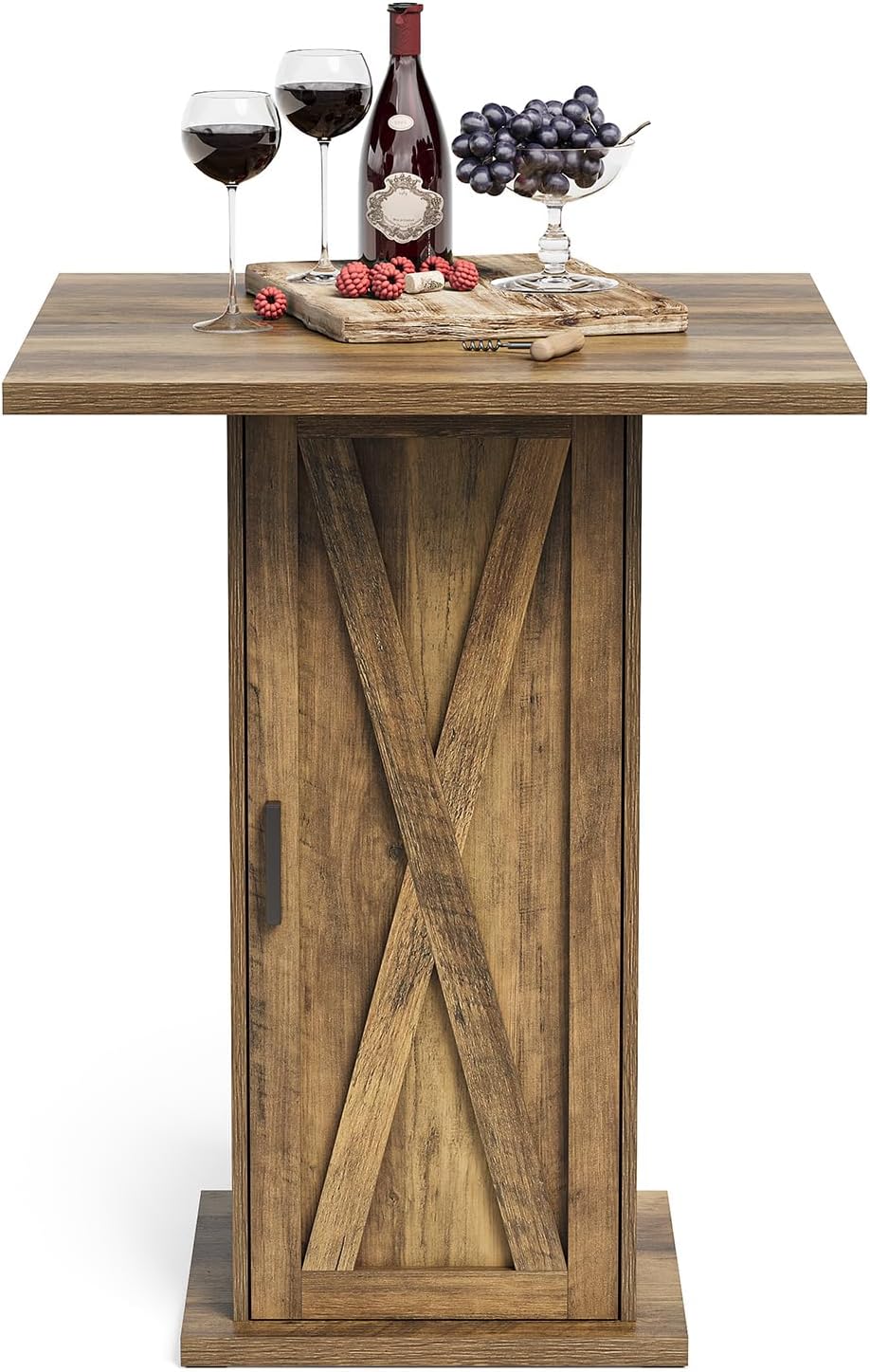 LITTLE TREE Bar Table with Storage Cabinet, 39.4" H Square High Top Pub Table, Wood Bistro Cocktail Table, Farmhouse Design with 3-Tier Cabinet for Pub, Bistro, Bar, Coffee, Dining Rustic Brown