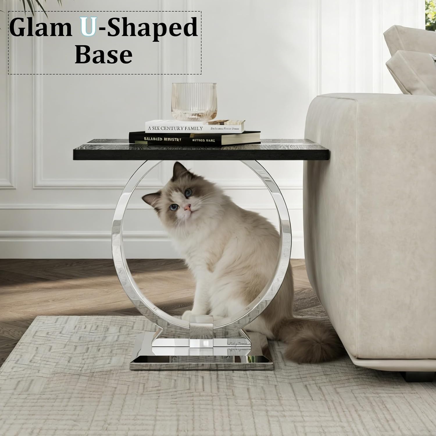 Asday Black End Table, Modern Wood Side Table, Silver End Table with U-Shaped Stainless Steel Base
