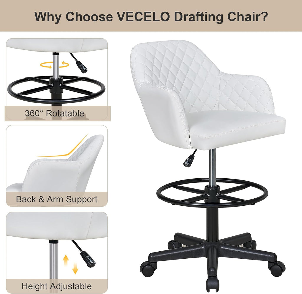 VECELO PU Leather Drafting Chair with Low Back and Footrest Ring, Height Adjustable, Swivel Rolling Wheels, for Drawing/Standing Desk/Office, White
