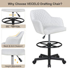 VECELO PU Leather Drafting Chair with Low Back and Footrest Ring, Height Adjustable, Swivel Rolling Wheels, for Drawing/Standing Desk/Office, White