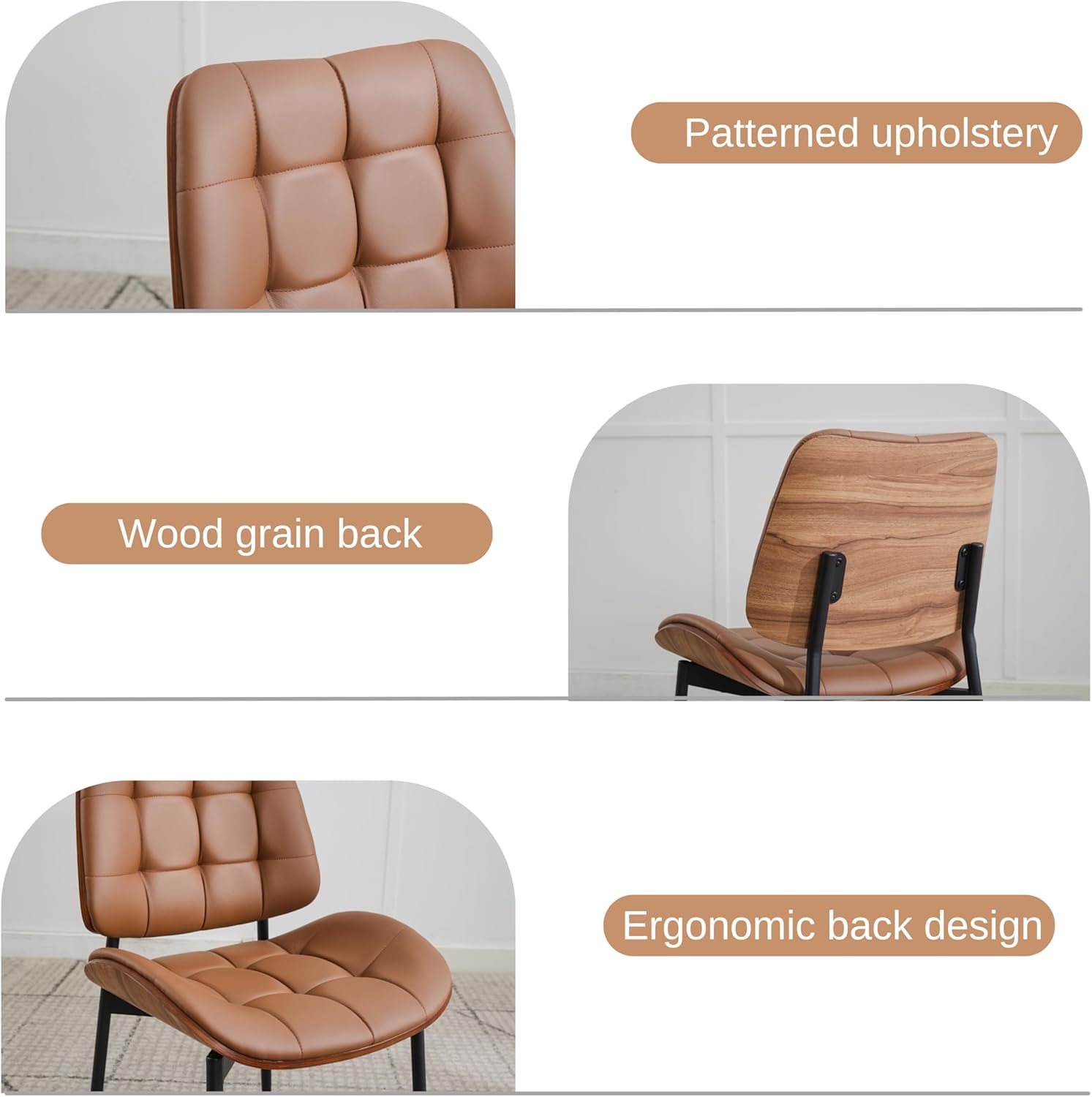 Upholstered Dining Chairs Set of 4, Mid Century Modern Faux Leather Dining Chairs with Walnut Bentwood Back and Metal Legs for Dining Room, Restaurant, Café, Brown