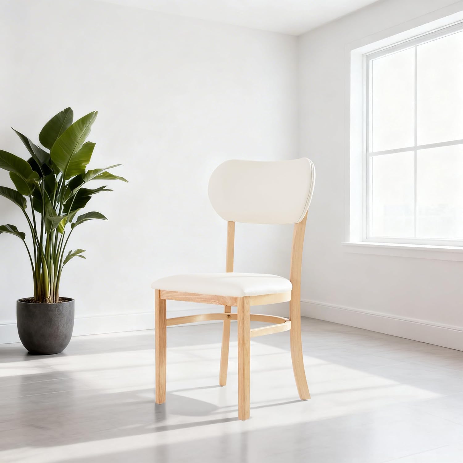 Livinia Tony Dining Chair Set of 2, Solid Malaysian Oak PU Leather Upholstered Cushion Seat, Rounded Back Side Chairs (Natural)