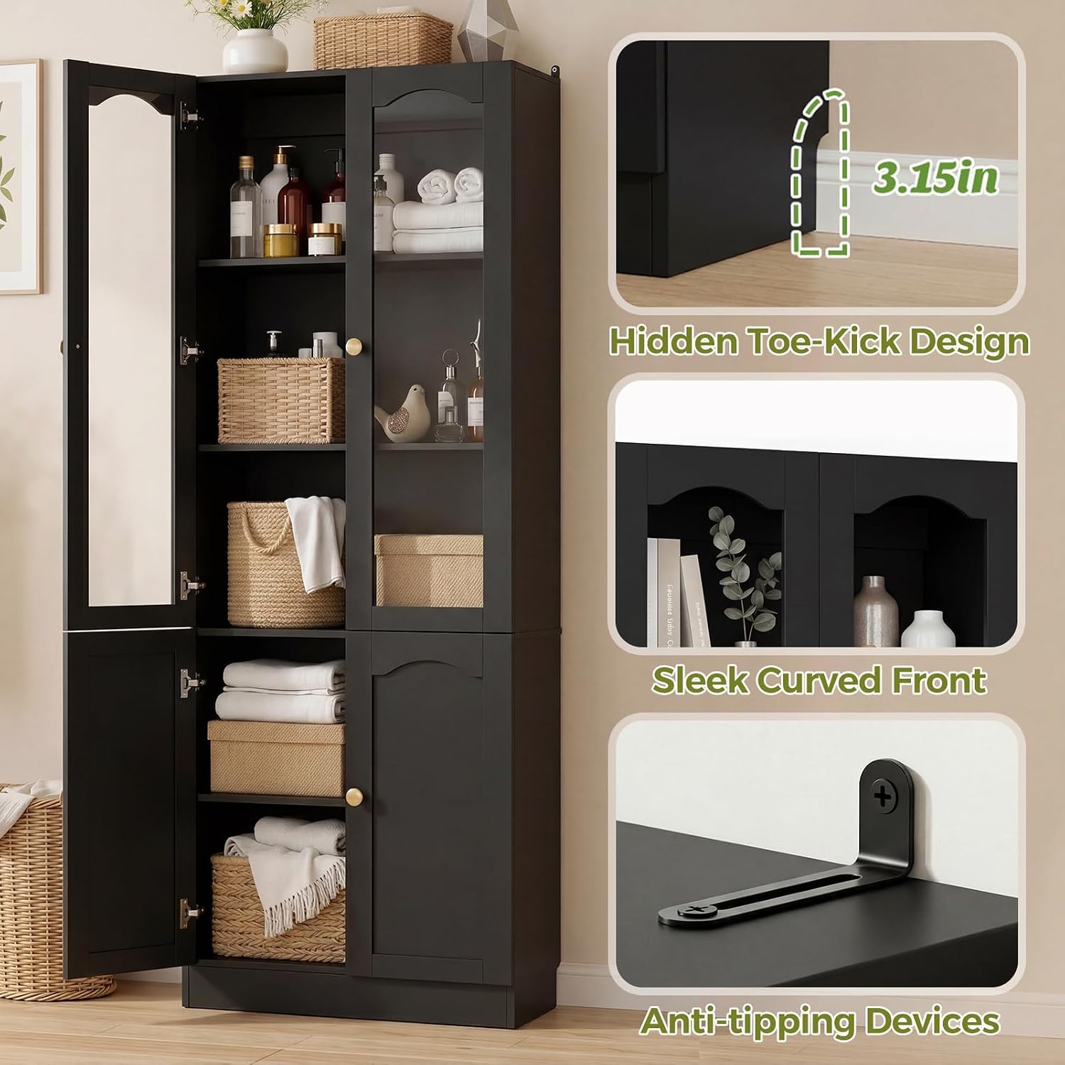 Cyclysio 3-Set Pantry Cabinets, 80" Tall Kitchen Pantry Storage Cabinets with Glass Doors, Drawers and Open Shelves, Black Kitchen Pantry Cabinet Set with Adjustable Shelves, Baseboard Cut Out