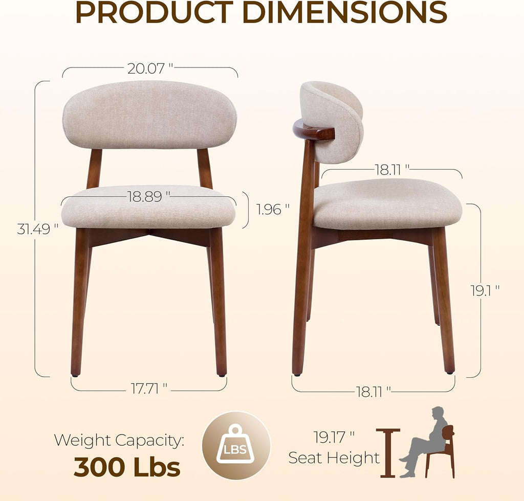 Mid Century Modern Dining Chairs Set of 6, Farmhouse Wooden Fabric Upholstered Kitchen Chairs with Curve Back, Mid-Century Dining Room Chairs for Living Room Restaurant Cafe with Brown Legs, Camel