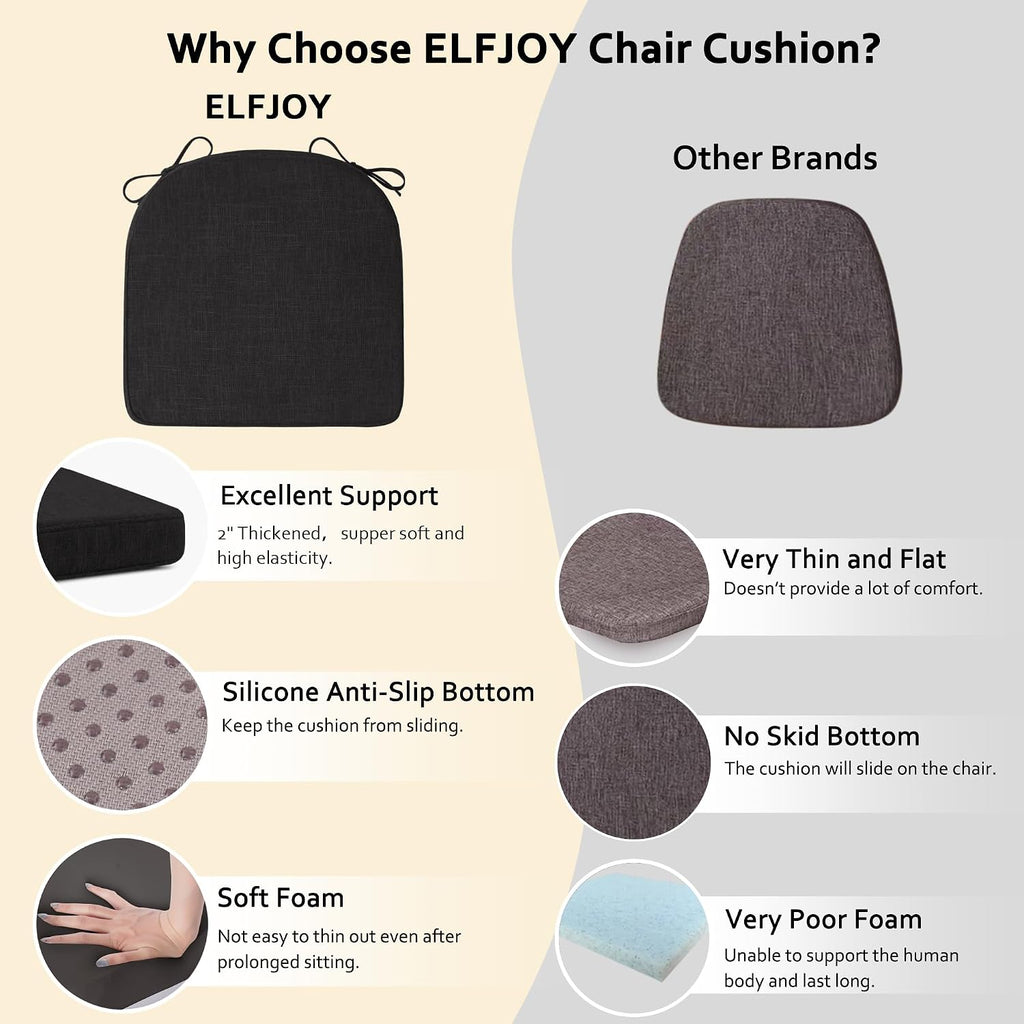 ELFJOY Chair Cushions for Dining Chairs Non-Slip Kitchen Chair Cushions Set of 2 Seat Cushion with Ties for Indoor Kitchen Dining Office Black