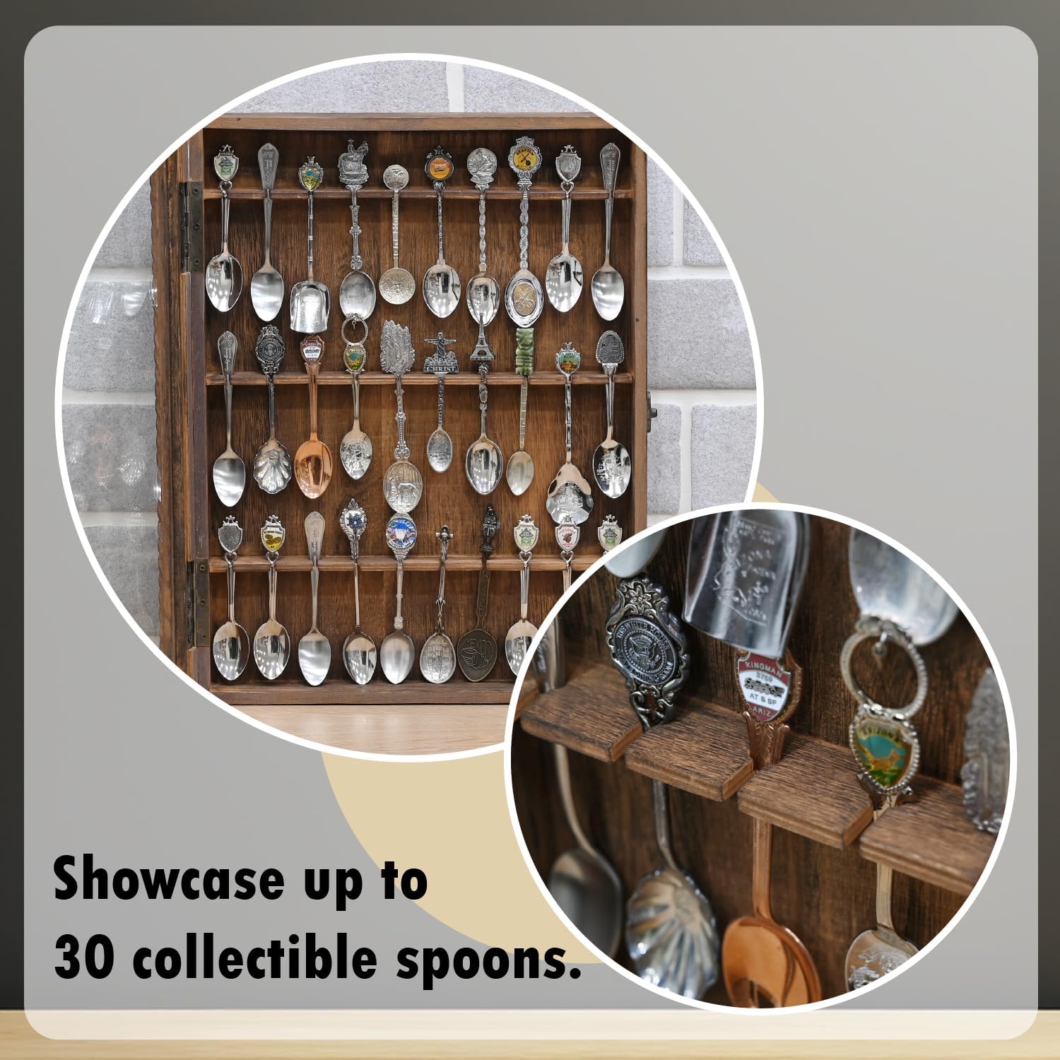 Ikee Design Wooden 30-Souvenir Spoon Display Case Cabinet, Wall-Mounted Tea Spoon Rack with Tempered Glass Door Suitable for Collection Display, Brown Color, 13.4W x 2.6D x 15.7H in