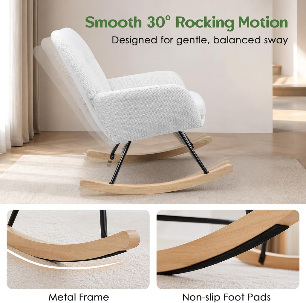 Nursery Rocking Chair Upholstered, High Backrest Glider Rocker Accent Chair with Padded Removable Cushion Comfy Nursing Chair for Living Room Bedroom Office, White Grey