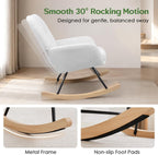 Nursery Rocking Chair Upholstered, High Backrest Glider Rocker Accent Chair with Padded Removable Cushion Comfy Nursing Chair for Living Room Bedroom Office, White Grey