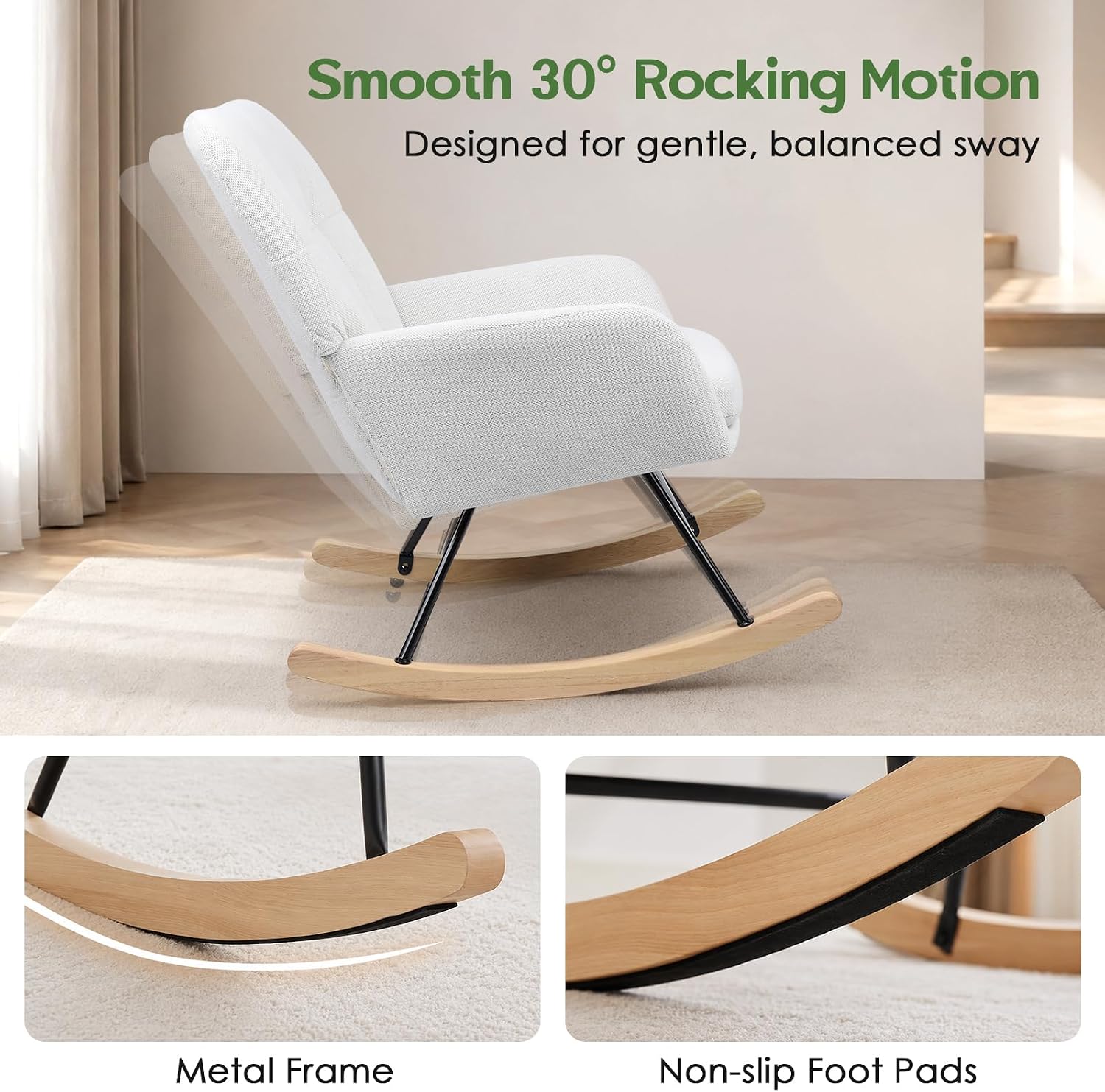 Nursery Rocking Chair Upholstered, High Backrest Glider Rocker Accent Chair with Padded Removable Cushion Comfy Nursing Chair for Living Room Bedroom Office, White Grey