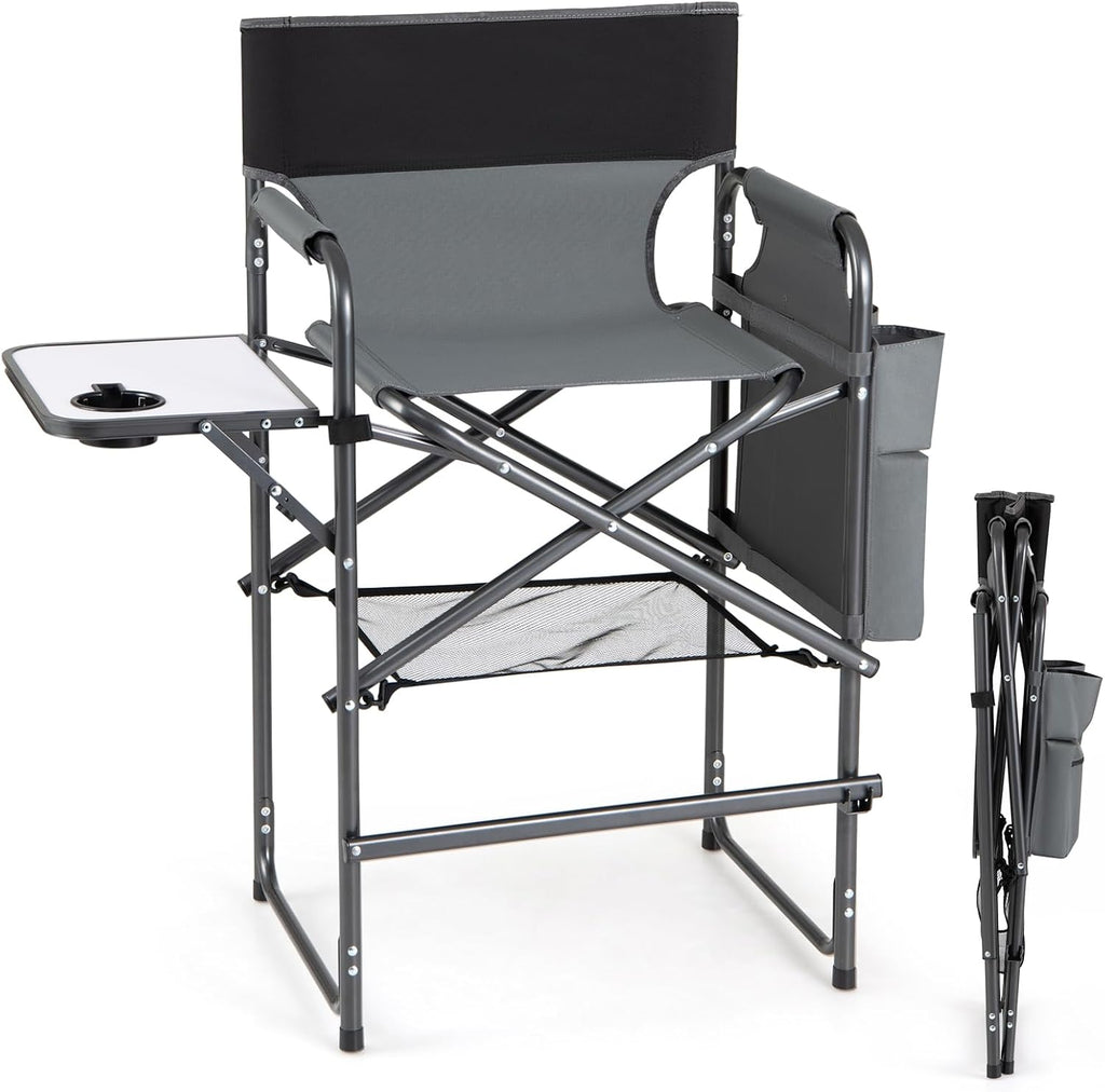 COSTWAY Folding Tall Director Chair, 26" Seat Height Portable Camping Chair with Side Table, Cup Holders, Storage Pockets, Footrest, Compact Makeup Salon Chair Support 350 lbs