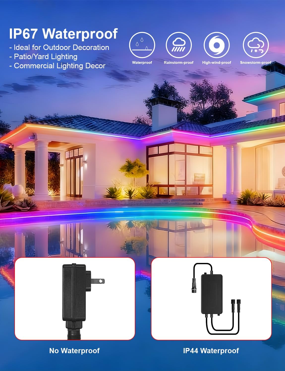 40ft COB LED Strip Lights Outdoor, COB Strips RGB Smart IC IP67 Waterproof Dimmable ,Color Flowing Tape Light with App Control & Music Sync, Dotless LED Light for Outdoor,Patio,Garden,Party Deco