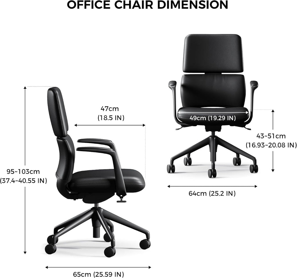 TOMU Genuine Leather Office Desk Chair with Wheels, Ergonomic Leather Executive Chair, Mid Back, Swivel Base with Adjustable Tilt, Modern Style, Luxury Aluminum Frame
