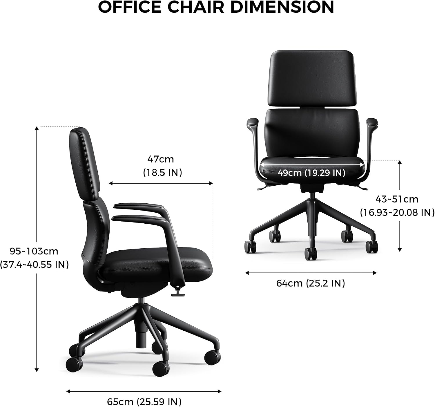 TOMU Genuine Leather Office Desk Chair with Wheels, Ergonomic Leather Executive Chair, Mid Back, Swivel Base with Adjustable Tilt, Modern Style, Luxury Aluminum Frame