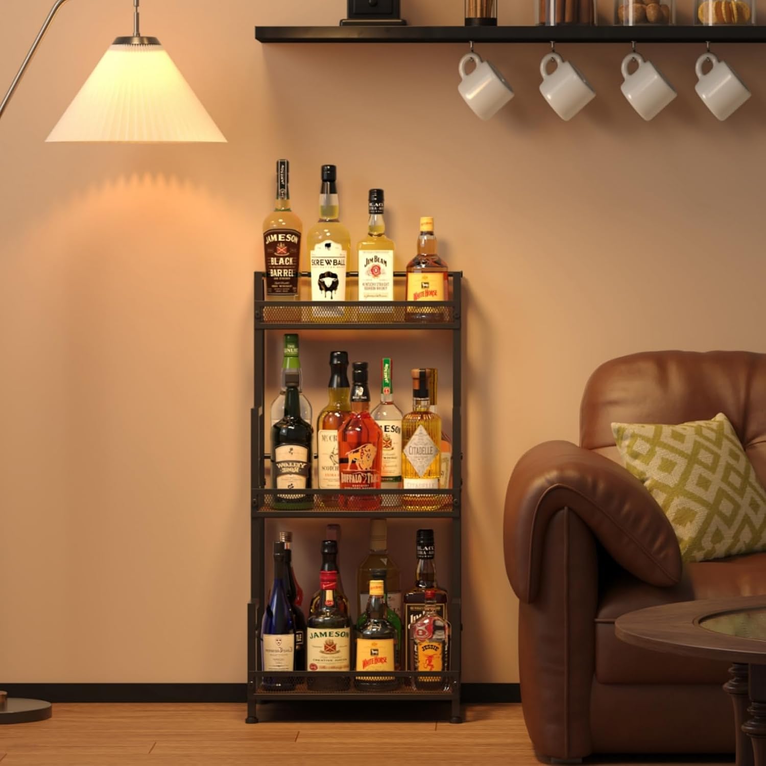 Trapezoid Liquor Stand, 3 Tier Liquor Cabinet, Wine Bottle Display Shelf for Home Bar, Mini Corner Liquor Bottle Display Stand for Whiskey, Wine, Stepped Wine Rack Freestanding Floor