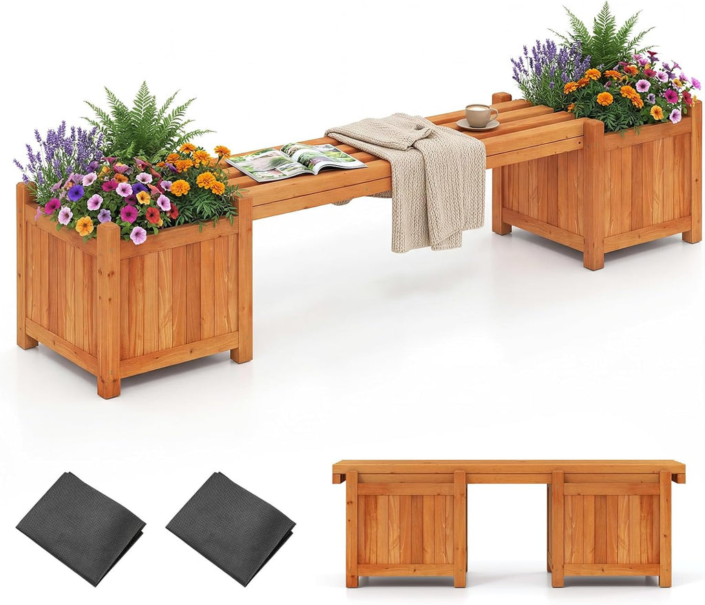 HAPPYGRILL 2-in-1 Outdoor Bench with 2 Raised Garden Beds, 2 Person Patio Bench with Teak Oil Finish, Open-Ended Base, Wooden Garden Bench for Flowerpots, Indoor Patio Yard Porch Decoration (1)