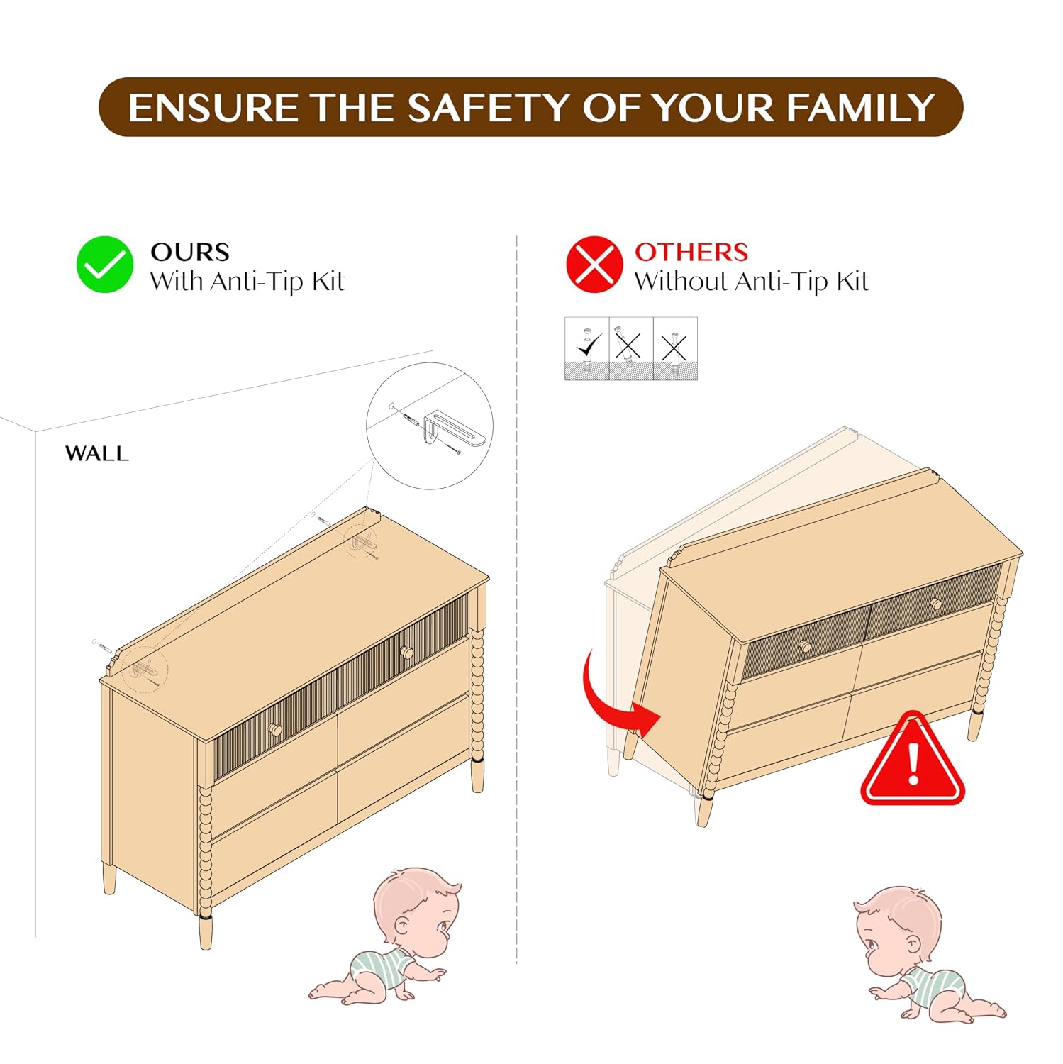 JOINICE White Nursery Dresser for Kids Bedroom, 6 Drawers for Storage | Jenny Lind Spindle Legs Dresser, Baby Clothes Organizer for Toddlers, Children's Room, Anti-tip Kit for Safety