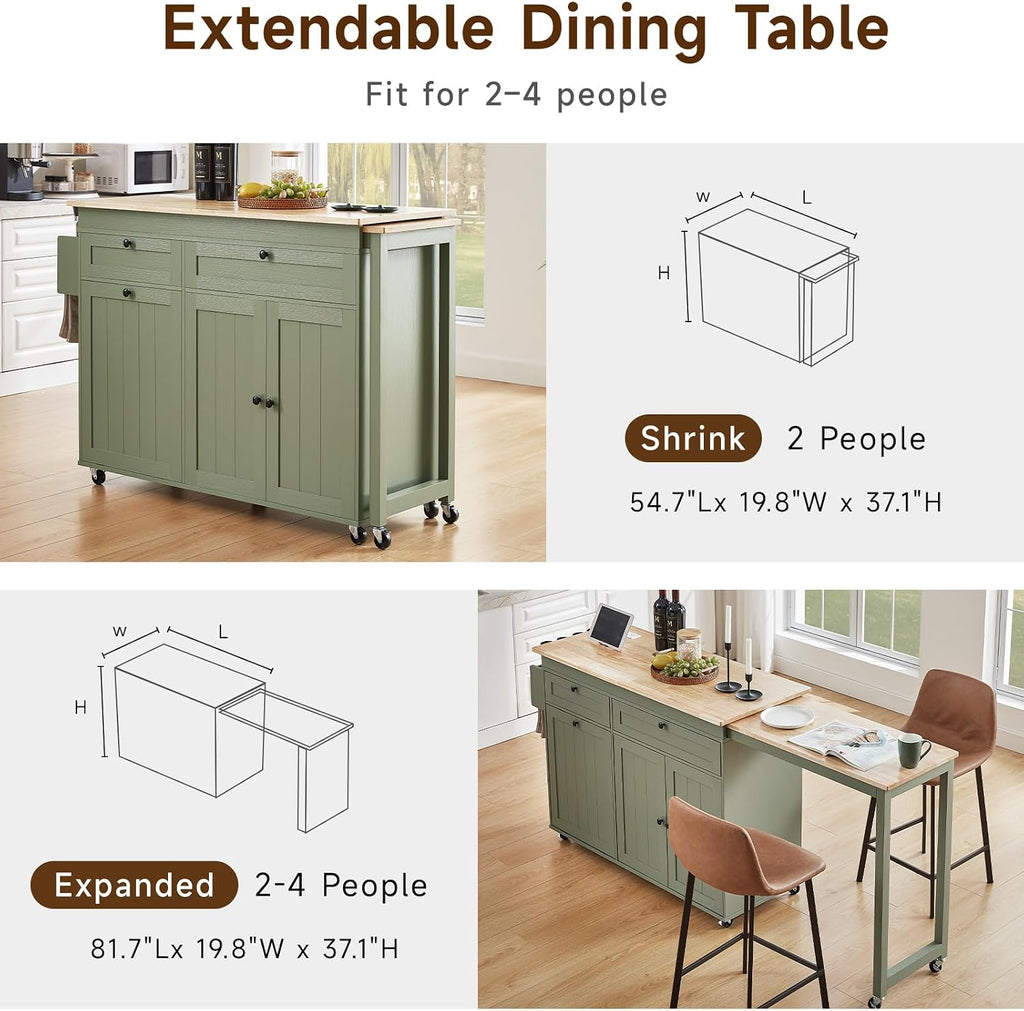 Kitchen Islands with Extendable Dining Table, Mobile Storage Islands, Green | 81.7" Rolling Kitchen Cart with Trash Cabinet, Power Outlet, Spice Rack & Towel Rack