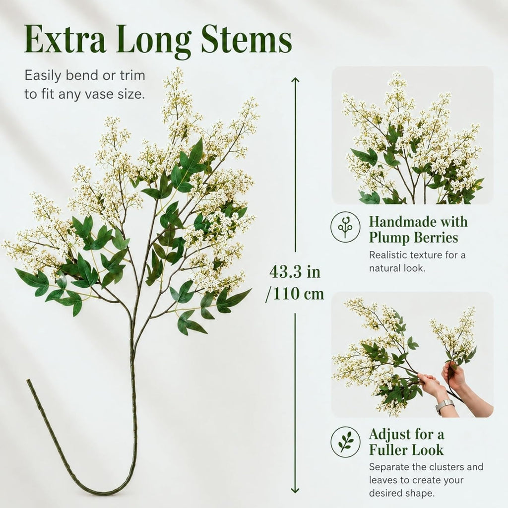 43" Faux Stems for Vase 3 Pcs Realistic Faux Berry Stems Artificial Branches for Vase Spring Floral Stems for Farmhouse, DIY Bouquet, Shower, Mantel, Home Decor