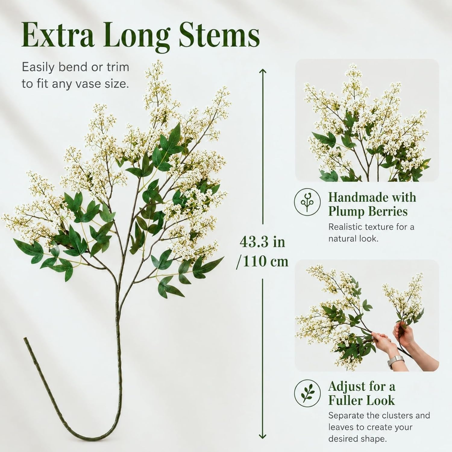 43" Faux Stems for Vase 3 Pcs Realistic Faux Berry Stems Artificial Branches for Vase Spring Floral Stems for Farmhouse, DIY Bouquet, Shower, Mantel, Home Decor
