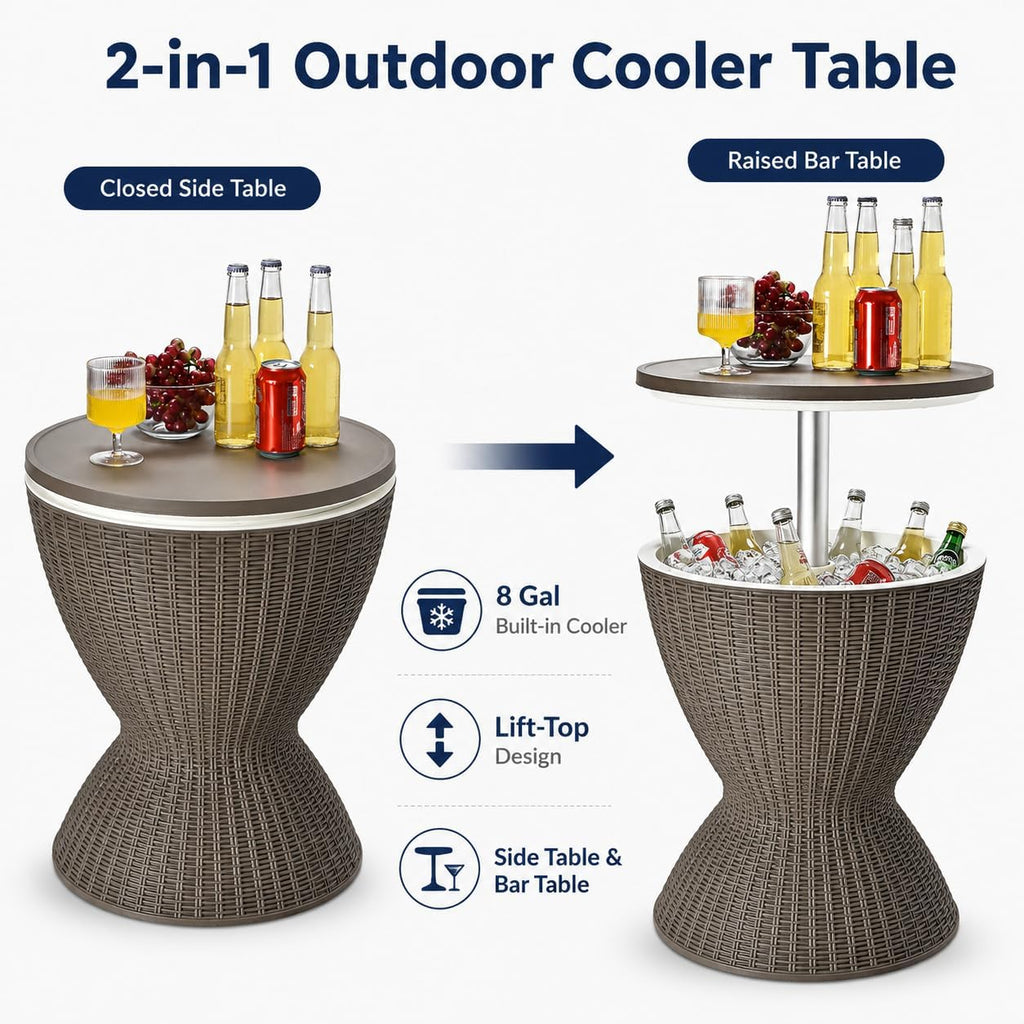 Byroce Outdoor Cooler Table, Patio Cooler Side Table with 8 Gallon Built-in Cooler, Adjustable Height Rattan Bar Table for Pool, Hot Tub, Backyard and Parties