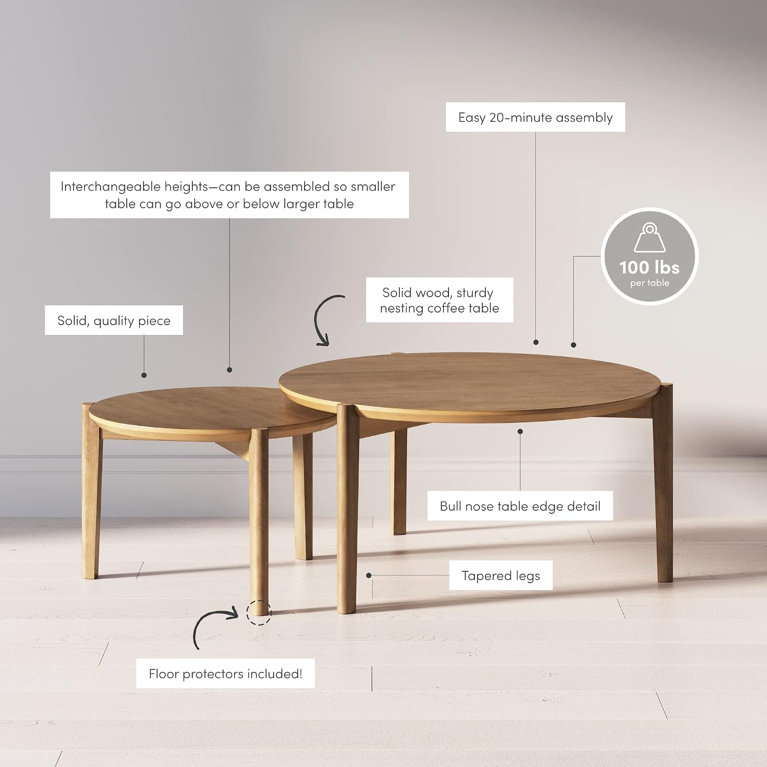 Nathan James Kendall Round Nesting Coffee Set of 2, Light Brown & 74101 Mina Modern TV Stand, Oak Wood Finish, Oak/Black