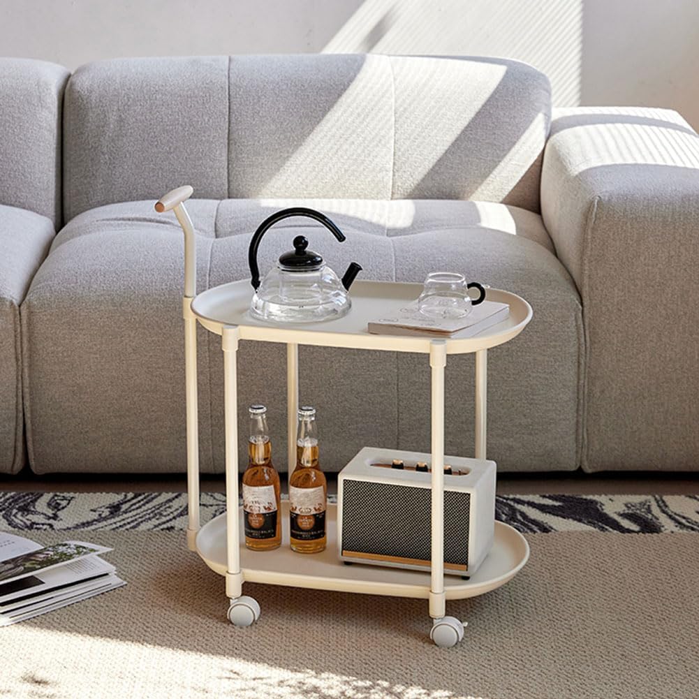 Mobile End Table, 2 Tier Side Cabinet with Handle Storage Rack and 4 Wheels, Utility Cart Living Room Small Sofa Table Mobile Plastic Side Table Little Night Stand Bedroom Balcony, White