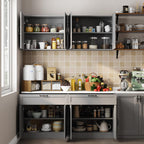 ECACAD Wall-Mounted Kitchen Pantry with Doors, Drawers & Adjustable Shelves, Kitchen Cupboard Storage Cabinet with White Top for Living Room, Grey