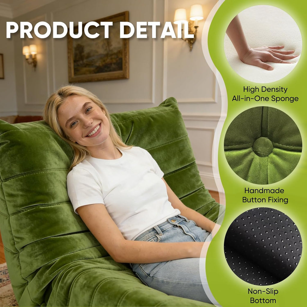 Trenda Bean Bag Chair for Adults, High-Density Foam, Dutch Velvet, Green | Togo chair with dual-layer foam, providing body-contouring support for reading, gaming, reclining and everyday lounging
