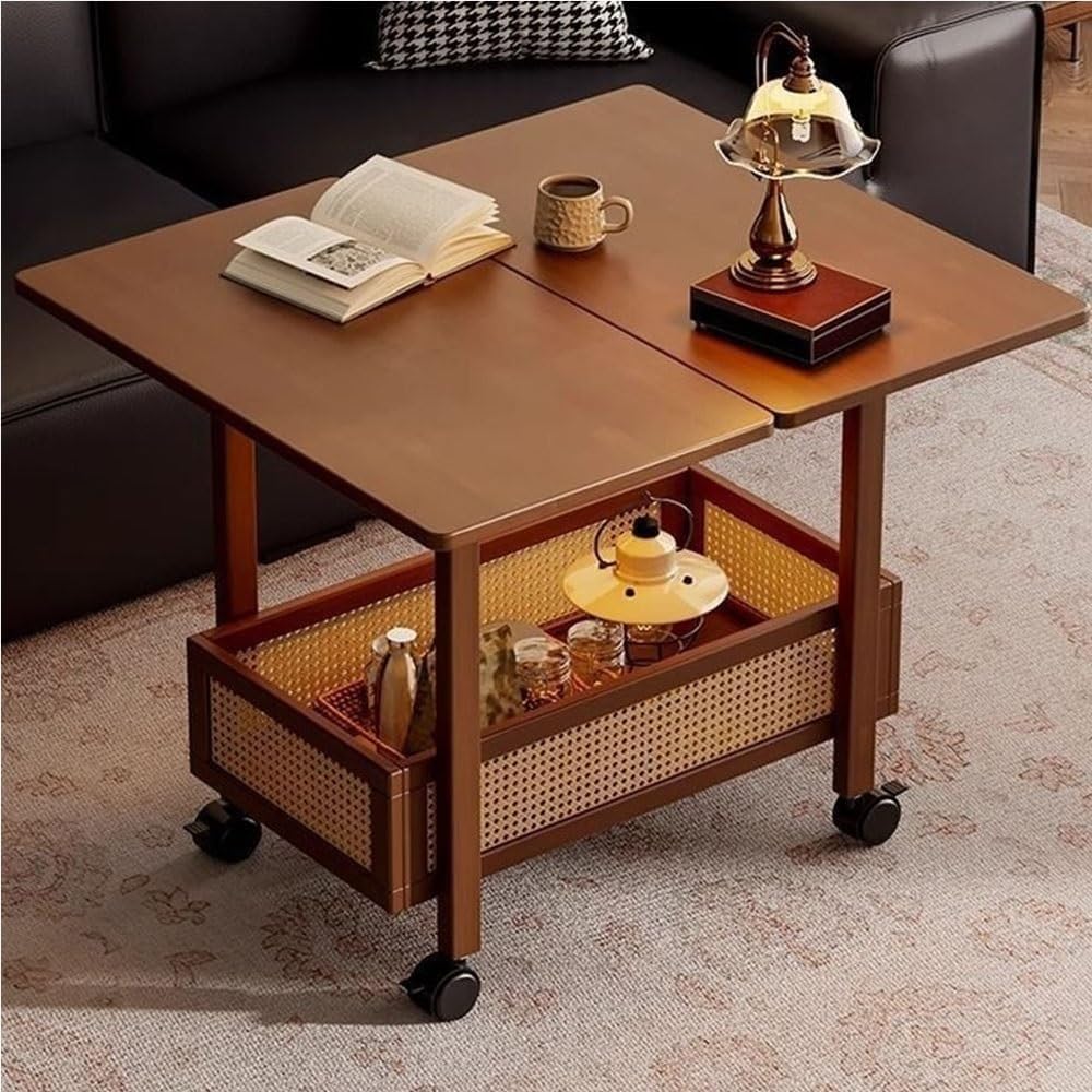 Expandable Wooden Coffee Table with Wheels Side Table with Storage Basket Removable Tabletop Rolling Cart for Living Room Lightweight