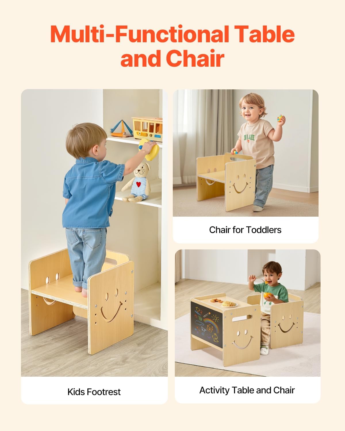VEVOR Montessori Weaning Table and Chair Set, 3 in 1 Wooden Toddler Table and Chairs with Chalkboard, Adjustable Height Montessori Table for Ages 1-5, Ideal for Drawing, Reading, Eating - Natural