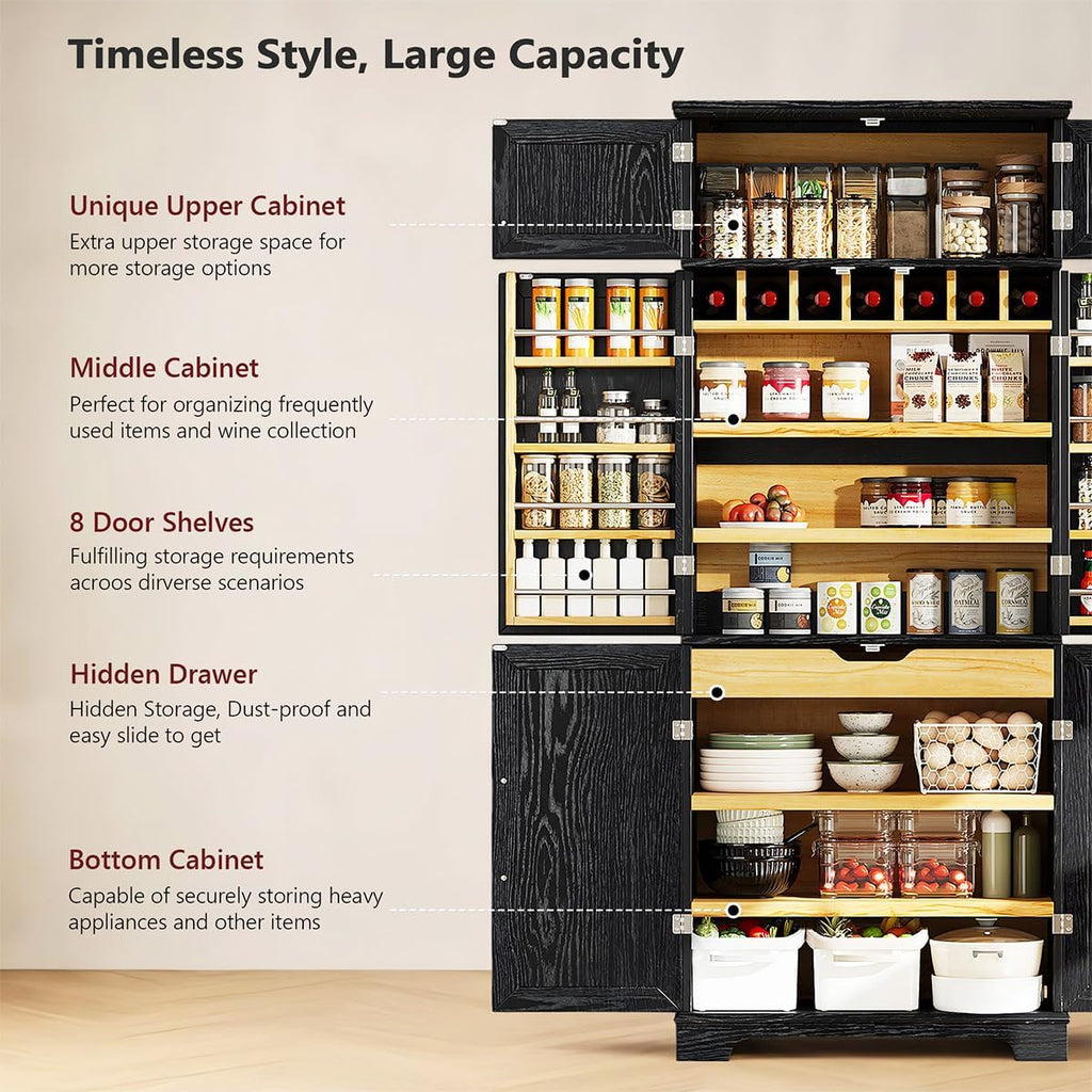 78.2" Tall Farmhouse Kitchen Pantry Cabinet with 8 Door Shelves and 4 Adjustable Shelves, Storage Cabinet with Hidden Drawer for Bathroom, Versatile Cupboard with Wine Rack for Kitchen (Black)