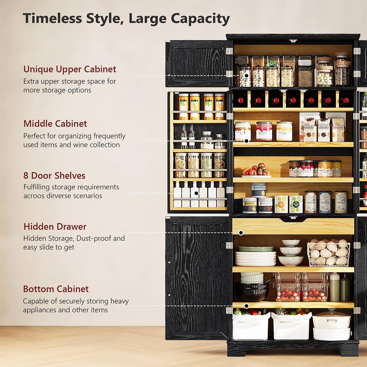78.2" Tall Farmhouse Kitchen Pantry Cabinet with 8 Door Shelves and 4 Adjustable Shelves, Storage Cabinet with Hidden Drawer for Bathroom, Versatile Cupboard with Wine Rack for Kitchen (Black)