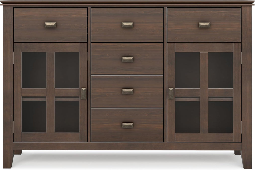 SIMPLIHOME Artisan Buffet - 54 inch Wide Solid Wood 3-Door Sideboard Buffet in Natural Aged Brown, Transitional Storage Cabinet for Dining Room or Kitchen with Adjustable Shelves and Bronze Hardware