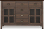 SIMPLIHOME Artisan Buffet - 54 inch Wide Solid Wood 3-Door Sideboard Buffet in Natural Aged Brown, Transitional Storage Cabinet for Dining Room or Kitchen with Adjustable Shelves and Bronze Hardware
