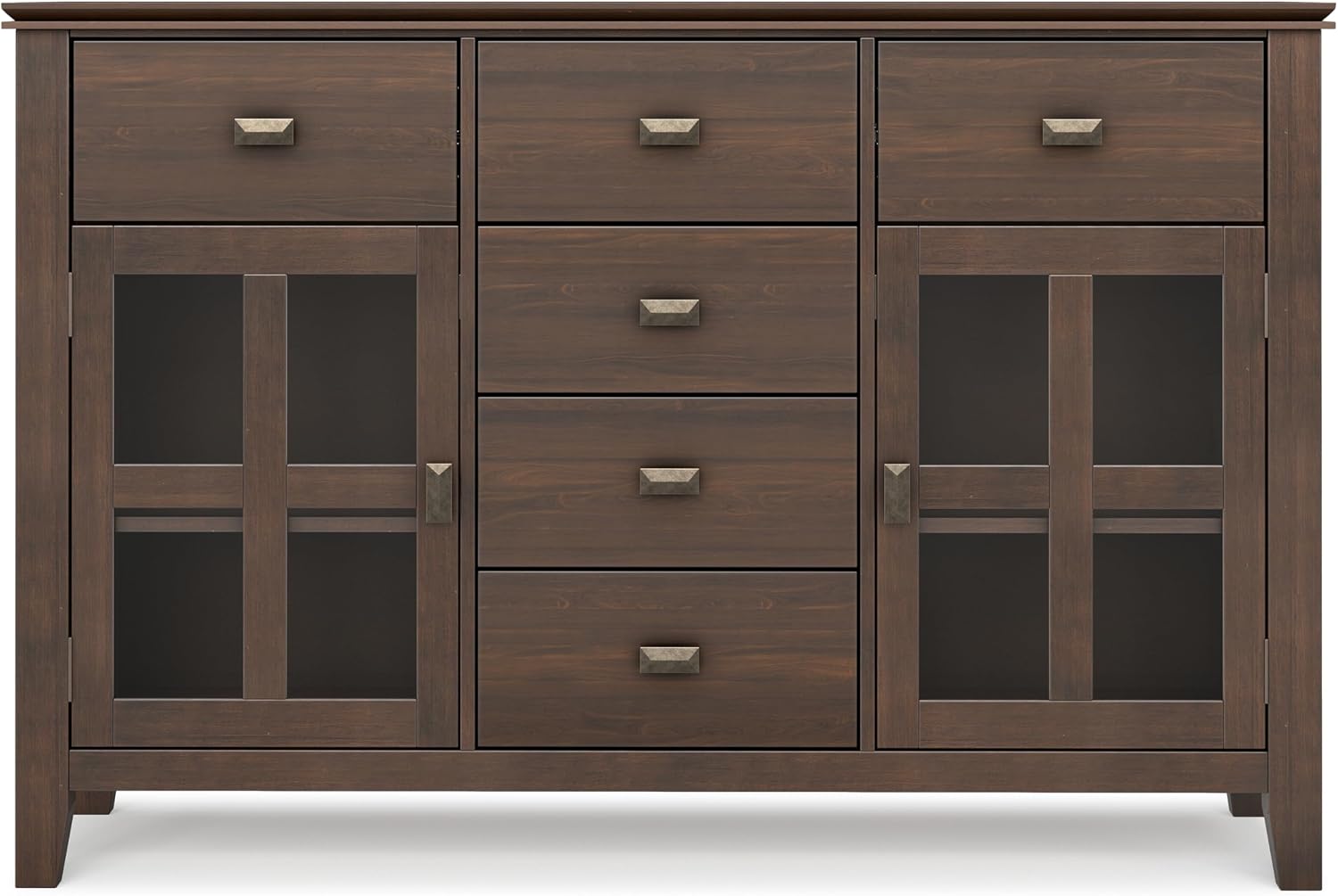 SIMPLIHOME Artisan Buffet - 54 inch Wide Solid Wood 3-Door Sideboard Buffet in Natural Aged Brown, Transitional Storage Cabinet for Dining Room or Kitchen with Adjustable Shelves and Bronze Hardware