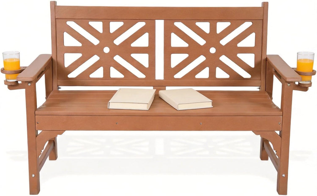 Outdoor Bench with Cup Holders, HDPE 2-Person All-Weather Patio Bench, 660 lbs Capacity, Fade & Rot Resistant for Porch Backyard Park, Brown